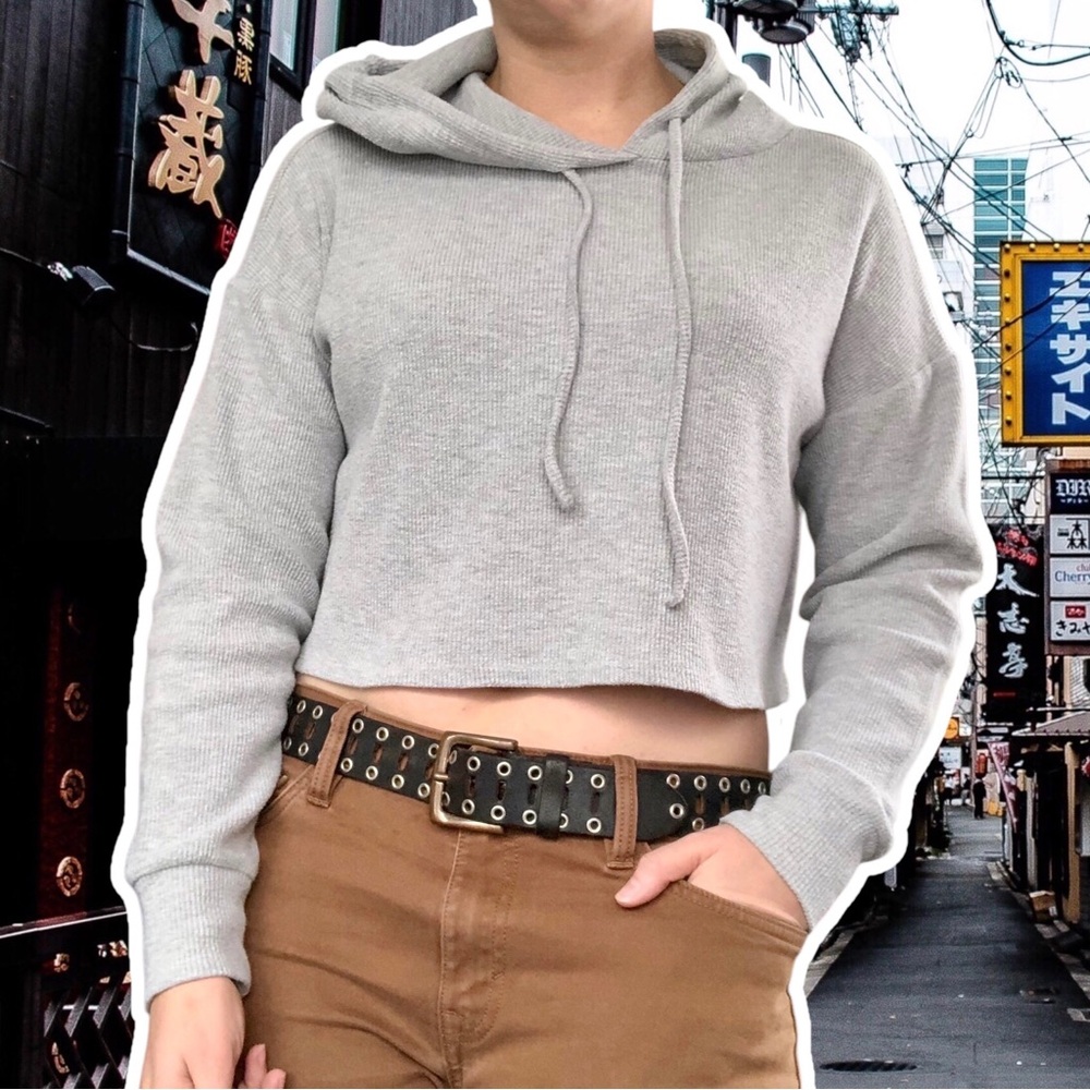 Forever 21 Oversized Pale Gray Cropped Waffleknit Athletic Hoodie, Size S